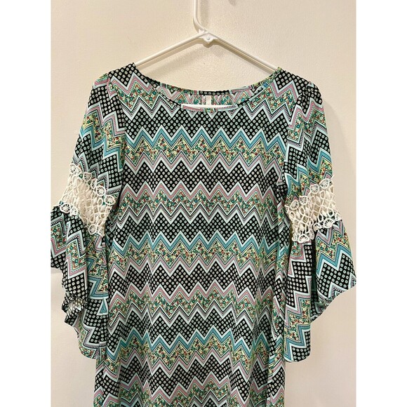 Trinity Womens Green Floral and Geometric Print Bell Sleeve Shift Dress - Small - Picture 8 of 9